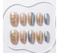 Sun&Beam Nails Handmade Press On Nails Short Square Nude Pink Blue Grey Gold Celestial Moon Sun Glossy 10 Pieces for Everyday Wear and Going Out (#306 XS)