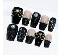 Sun&Beam Nails Handmade Press-on Short Coffin Ballerina Black Nude Beige Pearl Bow Sweet Design Fashion False Nail Tips 10 Pcs Set (#061 L)