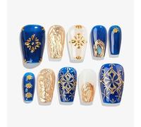 Sun&Beam Nails Handmade Press-on Short Coffin Ballerina Blue White Gold glossy Hand-Painted Ombre Design Fashion False Nail Tips 10 Pcs Set (#102 M)