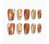 Sun&Beam Nails Handmade Press-on Short Coffin Ballerina Gold Yellow Ombre Marble Minimalist Design Fashion False Nail Tips 10 Pcs Set (#134 L)
