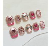 Sun&Beam Nails Handmade Press-on Short Coffin Ballerina Pink French Sweet Heart Design Fashion False Nail Tips 10 Pcs Set (#252 L)