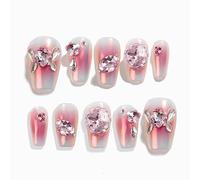 Sun&Beam Nails Handmade Press-on Short Coffin Ballerina Pink White Silver glossy Gradation Rhinestone Design Fashion False Nail Tips 10 Pcs Set (#101 M)