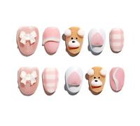 Sun&Beam Nails Handmade Press-on Short Oval Pink Brown White Bear Bow 3D Design Fashion False Nail Tips 10 Pcs Set (#167 L)