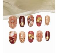 Sun&Beam Nails Handmade Press-on Short Oval Red Pink Gold 3D Flower Japanese Design Fashion False Nail Tips 10 Pcs Set (#210 S)