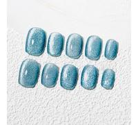 Sun&Beam Nails Handmade Press-on Short Round Blue Magnet Solid Color Minimalist Design Fashion False Nail Tips 10 Pcs Set (#249 S)