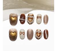 Sun&Beam Nails Handmade Press-on Short Round Brown White 3D Pearl Hand-Painted Design Fashion False Nail Tips 10 Pcs Set (#213 M)
