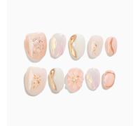 Sun&Beam Nails Handmade Press-on Short Round Pink White Gold Flower Minimalist 3D Design Fashion False Nail Tips 10 Pcs Set (#131 XS)