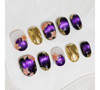Sun&Beam Nails Handmade Press-on Short Round Purple Gold Elegant Flower Magnet Design Fashion False Nail Tips 10 Pcs Set (#279 L)