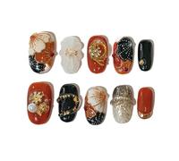 Sun&Beam Nails Handmade Press-on Short Round Red Black Gold Flower 3D Hand-Painted Design Fashion False Nail Tips 10 Pcs Set (#216 M)