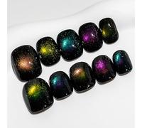 Sun&Beam Nails Handmade Press-On Short Round with Black Colorful Magnetic Design Charm Cat Eye Cute False Nail Tips 10 Pcs (#91 XS)