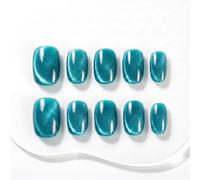 Sun&Beam Nails Handmade Press On Short Round with Nile Blue Cat Eye Design Charm Cute False Nail Tips 10 Pcs (#93 M)