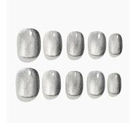 Sun&Beam Nails Handmade Press On Short Round with Silvern Black Cat Eye Design Charm Cute False Nail Tips 10 Pcs (#107 S)