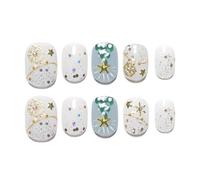 Sun&Beam Nails Handmade Press-on Short Square Round Christmas White Gold Green False Nail Tips Hand-drawn Design Fashionable 10 Pcs Set (#165 S)