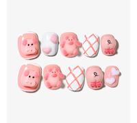 Sun&Beam Nails Handmade Press-on Short Square Round Pink White Pig Design Fashionable False Nail Tips 10 Pcs Set (#157 S)