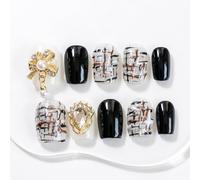 Sun&Beam Nails Handmade Press-on Short Square White Black Stripes Rhinestone 3D Design Fashion False Nail Tips 10 Pcs Set (#047 M)