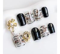 Sun&Beam Nails Handmade Press-on Short Square White Black Stripes Rhinestone 3D Design Fashion False Nail Tips 10 Pcs Set (#047 XS)