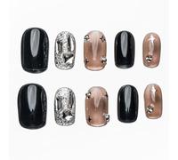 Sun&Beam Nails Handmade Press-on Short Squoval Round Black Silver Brown Rhinestone Star Y2K Design Fashion False Nail Tips 10 Pcs Set (#184 L)