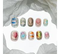 Sun&Beam Nails Handmade Press-on Short Squoval Round Blue Green Orange Purple Ombre Hand-Painted 3D Design Fashion False Nail Tips 10 Pcs Set (#206 S)