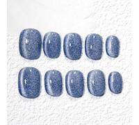 Sun&Beam Nails Handmade Press-on Short Squoval Round Blue Magnet Solid Color Minimalist Design Fashion False Nail Tips 10 Pcs Set (#242 XS)