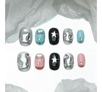 Sun&Beam Nails Handmade Press-on Short Squoval Round Blue Pink Black Silver Star Rhinestone Y2K Design Fashion False Nail Tips 10 Pcs Set (#205 S)
