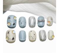 Sun&Beam Nails Handmade Press-on Short Squoval Round Blue Silver White 3D Star Minimalist Design Fashion False Nail Tips 10 Pcs Set (#175 L)