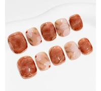Sun&Beam Nails Handmade Press-on Short Squoval Round Brown Nude Beige Hand-Painted Flower Ombre Design Fashion False Nail Tips 10 Pcs Set (#037 M)
