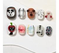 Sun&Beam Nails Handmade Press-on Short Squoval Round Brown White 3D Sweet Puppy Design Fashion False Nail Tips 10 Pcs Set (#278 S)