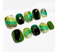 Sun&Beam Nails Handmade Press-on Short Squoval Round Green Black Gradation Ombre Hand-Painted Design Fashion False Nail Tips 10 Pcs Set (#041 M)