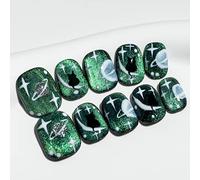 Sun&Beam Nails Handmade Press-on Short Squoval Round Green Black Hand-Painted Cartoon 0 Design Fashion False Nail Tips 10 Pcs Set (#034 XS)