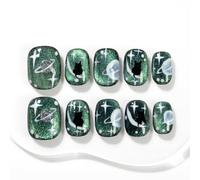 Sun&Beam Nails Handmade Press-on Short Squoval Round Green Black Hand-Painted Cartoon 0 Design Fashion False Nail Tips 10 Pcs Set (#034 L)