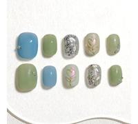 Sun&Beam Nails Handmade Press-on Short Squoval Round Green Blue Glitter Minimalist Sweet Design Fashion False Nail Tips 10 Pcs Set (#286 S)