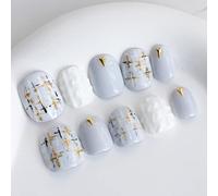 Sun&Beam Nails Handmade Press-on Short Squoval Round Grey White Hand-Painted Minimalist Japanese Design Fashion False Nail Tips 10 Pcs Set (#046 S)