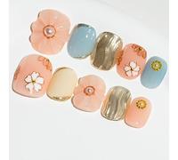 Sun&Beam Nails Handmade Press-on Short Squoval Round Pink Blue Gold Flower 3D Sweet Design Fashion False Nail Tips 10 Pcs Set (#100 M)