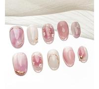 Sun&Beam Nails Handmade Press-on Short Squoval Round Pink Gold White Flower Minimalist Ombre Design Fashion False Nail Tips 10 Pcs Set (#172 M)