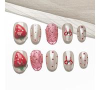 Sun&Beam Nails Handmade Press-on Short Squoval Round Pink Red White Green Flower Strawberry Dot Design Fashion False Nail Tips 10 Pcs Set (#174 M)