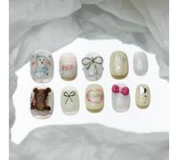 Sun&Beam Nails Handmade Press-on Short Squoval Round Pink White Brown Hand-Painted Sweet Bear Design Fashion False Nail Tips 10 Pcs Set (#200 XS)