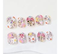 Sun&Beam Nails Handmade Press-on Short Squoval Round Pink White Flower Spring Hand-Painted Design Fashion False Nail Tips 10 Pcs Set (#273 L)