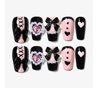 Sun&Beam Nails Handmade Press-on Square Round Trapezoid Nail Design False Nail Tips Pink and Black with Ribbon Stylish 10 Pcs Set (#149 L)