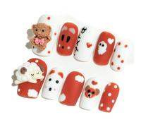 Sun&Beam Nails Handmade Short Medium Square Brown White False Nail Tips with Cute 3D Bear Sheep Popular Charm Design Press On Nails 10 Pcs (#64 L)