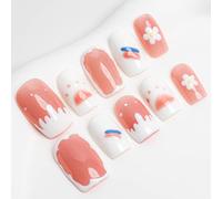Sun&Beam Nails Handmade Short Medium Square Pink White False Nail Tips with Cute 3D Milk Flower Popular Charm Design Press On Nails 10 Pcs (#26 L)