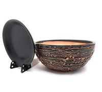 Sun Cakes Ceramic Plant Pot Glazed with Saucer Round Terracotta with Drip Tray Flower Pot Clay Coloured Flower Pot Antique Shallow (26cm x 13cm, Black/Brown Matt)