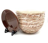 Sun Cakes Ceramic Plant Pot Glazed with Saucer Round Terracotta with Drip Tray Flower Pot Clay Coloured Flower Pot Antique (16cm x 12cm, Ivory-Brown)