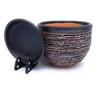 Sun Cakes Ceramic Plant Pot Glazed with Saucer Round Terracotta with Drip Tray Flower Pot Clay Coloured Flower Pot Antique (12cm x 10cm Black/Brown)