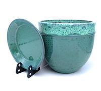 Sun Cakes Ceramic Plant Pot Glazed with Saucer Round Terracotta with Drip Tray Flower Pot Clay Coloured Flower Pot Bella (20cm x 17cm, Green)