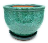Sun Cakes Ceramic Plant Pot Glazed with Saucer Round Terracotta with Drip Tray Flower Pot Clay Coloured Flower Pot Sea Foam (23cm x 17cm, Green)