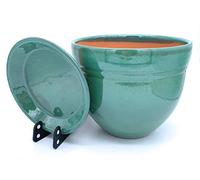 Sun Cakes Ceramic Plant Pot Glazed with Saucer Round Terracotta with Drip Tray Flower Pot Clay Coloured Flower Pot Gala (20cm x 17cm, Green)