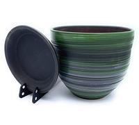 Sun Cakes Ceramic Plant Pot Glazed with Saucer Round Terracotta with Drip Tray Flower Pot Clay Coloured Flower Pot Galla New (14cm x 12cm, Matt Black/White/Green)