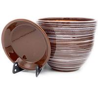 Sun Cakes Ceramic Plant Pot Glazed with Saucer Round Terracotta with Drip Tray Flower Pot Clay Coloured Flower Pot Galla New Say No To The Plastic (20cm x 17cm, Dark Brown)