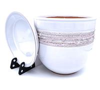 Sun Cakes Glazed Terracotta Flower Pot with Saucer Round Planter with Drip Tray Plant Pot Clay Coloured Flower Ring Stripe (14cm x 12cm, White)