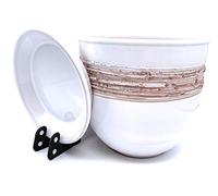 Sun Cakes Glazed Terracotta Flower Pot with Saucer Round Planter with Drip Tray Plant Pot Clay Coloured Flower Ring Stripe (14cm x 12cm, White/Brown)
